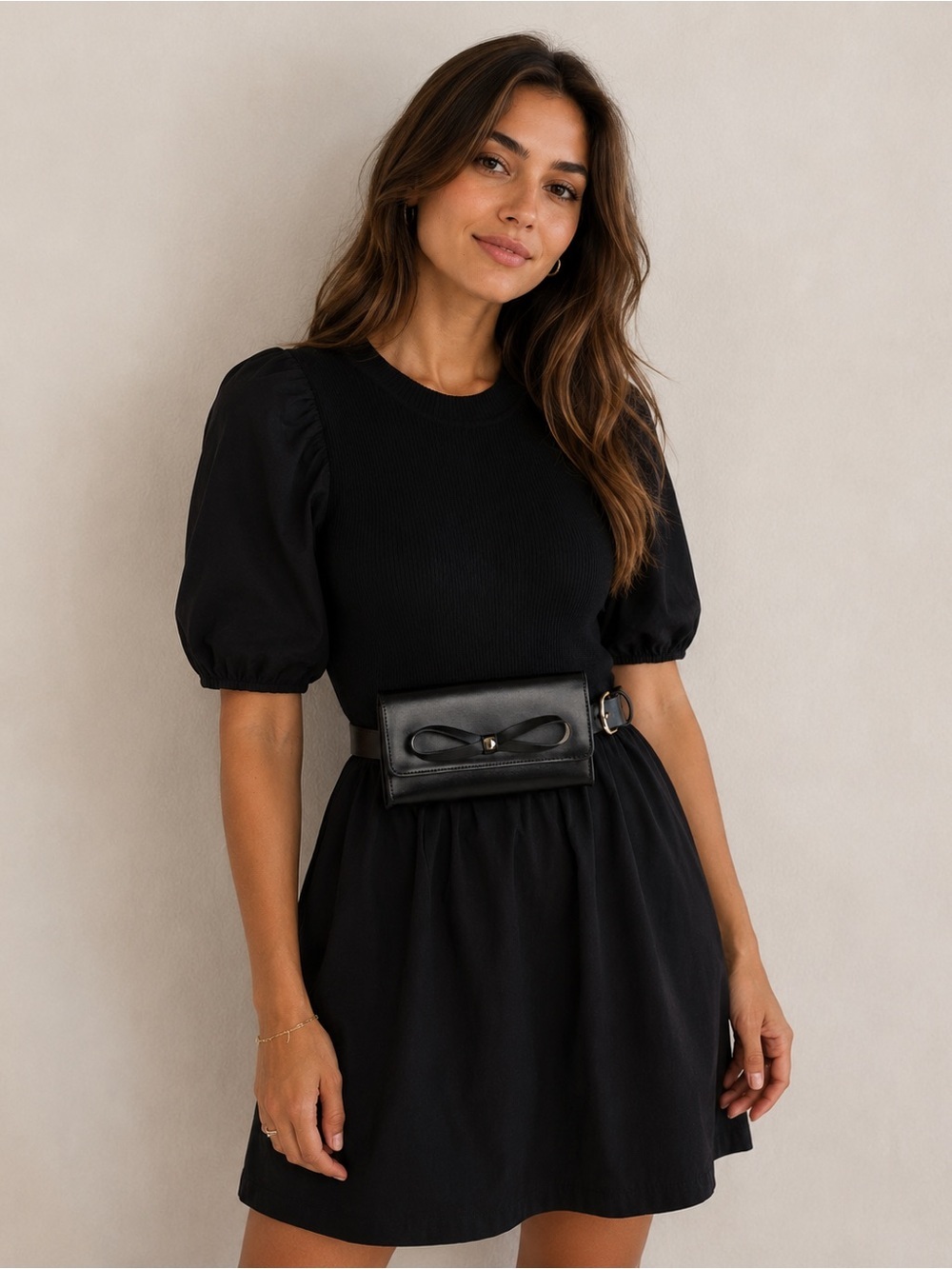 NWT Kate Spade Adjustable Black Leather Bow Belt Bag, Size S/M